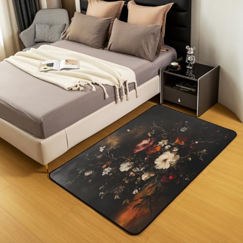 Erosebridal Vintage Floral Area Rug 4'11" x 3'3" Dark Flower Living Room Rugs Retro Botonical Fall Decorative Carpet Vintage Aesthetic Indoor Floor Mat - color: Black White Red, size: 3'3" x 4'11" (Rectangular)