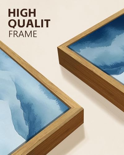 KUVIOKE Blue Watercolor Mountains in Fog Framed Wall Art Wilderness Nature Landscape Painting Rustic Scenic Relax Cool Home Decor 11x14in (Natural Framed) - color: Watercolor Mountain, size: 11 x 14in x 3 Panels Natural