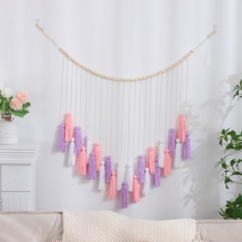 Boho Spring Easter Wall Decor Purple & Pink Tassels Garland Macrame Wall Hanging with Wooden Beads for Nursery Girls Bedroom Gift Party Dorm Living Room Home Decor Aesthetic - color: Purple