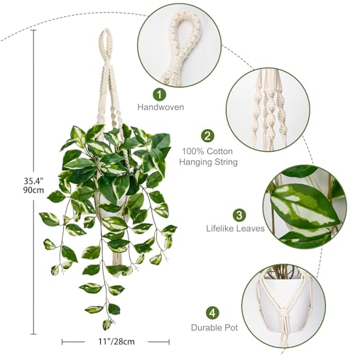 Briful Macrame Hanging Plant with Fake Pothos in White Pot, White N' Joy Faux Hanging Decor for Home Ceiling, Farmhouse Kitchen - color: White Leaf