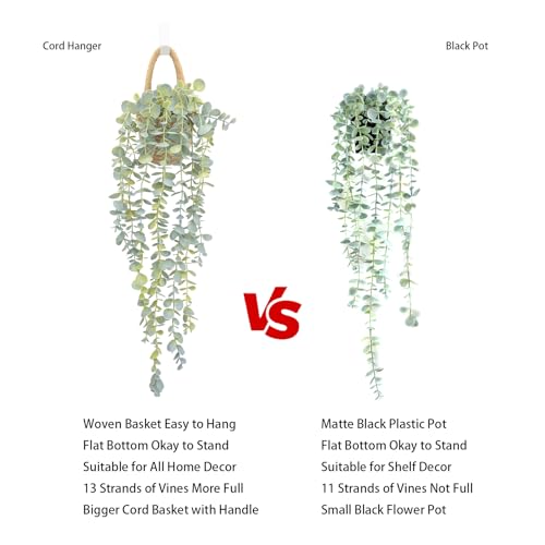 Fake Hanging Plant Decor Indoor, Eucalyptus Artificial Faux Plants in Wall Woven Planters, Jute Hanger with Black Pot Soft Green 2PCS 23Inch Long - size: Jute Hanger-2PCS