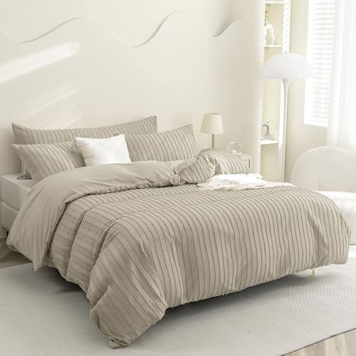 JELLYMONI Duvet Cover Full Size Khaki - 3PCS Boho Striped Duvet Cover Set Polyester Tufted Bohemian Textured Comforter Cover 80×90in with Corner Ties & Zipper and 2 Pillowcases - color: Khaki-striped, size: Full(80"×90")