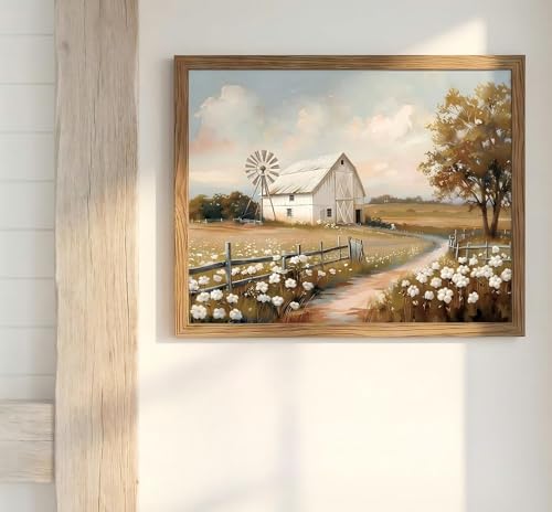 LBTZEVIR Framed Barn Windmill Poster Print Farmhouse Wall Art for Bedroom, Living Room & Kitchen Rustic Home Decor Gift French Countryside Style Painting 16x12 - color: Barn Windmill, size: 16"L x 12"W