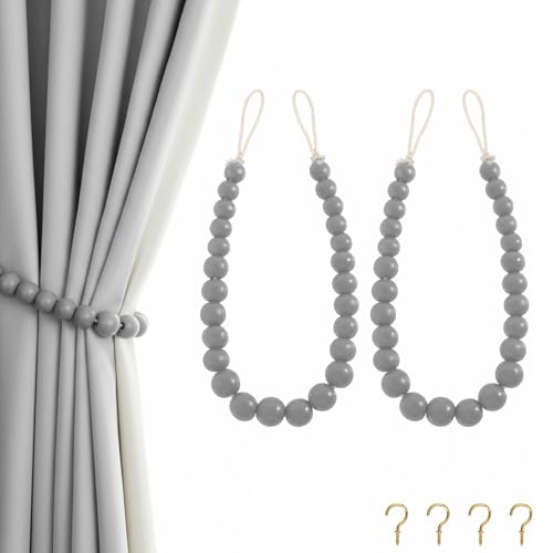 Hion 2 Pcs Boho Curtain Tiebacks,Wood Beads Curtain Holdbacks,Outdoor Farmhouse Tie Backs for Curtains,Curtain Holders for Drapes Home Office Room Decor with Hooks(Grey) - color: Grey, size: 2 Pack