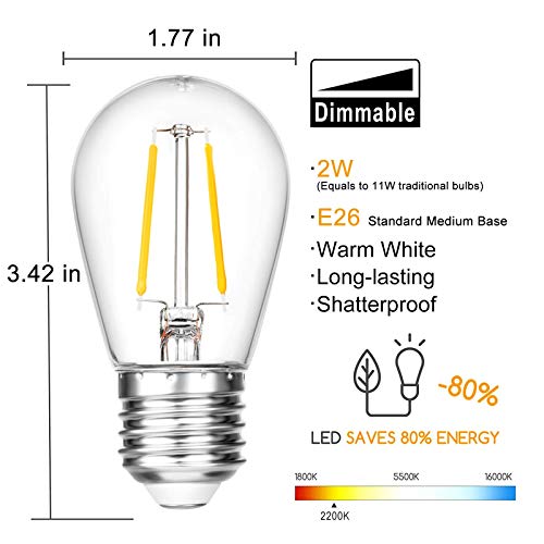 VISTERLITE Shatterproof S14 Replacement LED Light Bulbs, 2W, Equivalent to 11-25 Watt, Warm White 2200K, Outdoor String Lights Vintage Edison Bulb, E26 Medium Base, 15-Pack - size: 15 Count (Pack of 1)