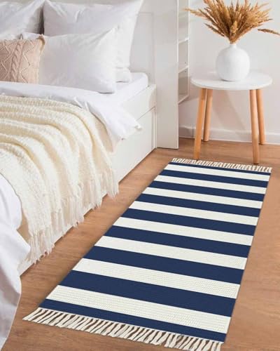 Navy Blue Stripes Kitchen Runner Rug 2'x4', Washable Woven Cotton Area Rug with Tassels Bathroom Hallway Rug, Farmhouse White Simple Vertical Striped Entryway Bedroom Rug Non Slip Throw Rug Carpet - color: Navy Blue, size: 2 x 4 ft