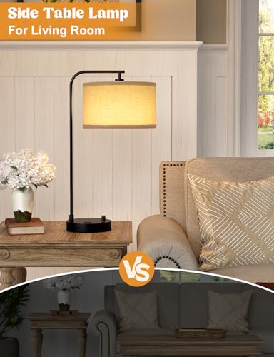 Innqoo Tall Table Lamp with USB Port and Outlet, Dimmable Nightstand Bedside Lamps with Linen Lampshade, Desk Lamp for Bedroom, Living Room, Guest Room, Home Office, LED Bulb Included - color: A-Beige Shade & Black Base
