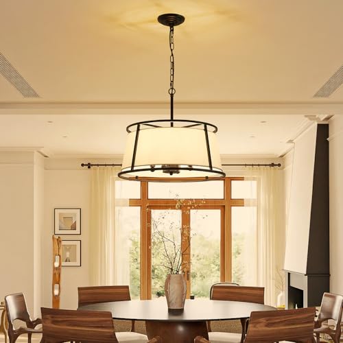 Shrine Lighting Drum Chandeliers, Modern Style, Perfect Pendant Light Fixture for Dining Room, Living Room, D20'' x H9'', Adjustable Chains 59'', E12*4 Sockets, White Lampshade & Black Finish Frame - color: Black D19.7''
