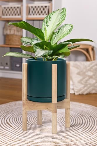 D'vine Dev Ceramic Planter with Natural Stand - 8 Inch Modern Round Flower Pot with Wood Planter Holder, Teal, 55-B-N-4 - color: Teal Pot + Natural Stand, size: 8 Inch