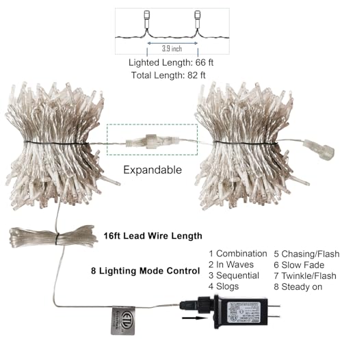 LJLNION 300 LED String Lights Outdoor Indoor, Extra Long 98.5FT Super Bright Christmas Lights, 8 Lighting Modes, Plug in Waterproof Fairy Lights for Holiday Wedding Party Bedroom Decorations ( White) - color: White