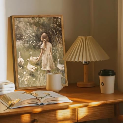 Framed Vintage Wall Art, Rustic Cute Girl with Duck Pictures Wall Decor, Farmhouse Cottagecore Paintings Country Nature Animal Canvas Prints for Living Room Bedroom Home 16x24 inch - color: Girl and Geese, size: 24"L x 16"W