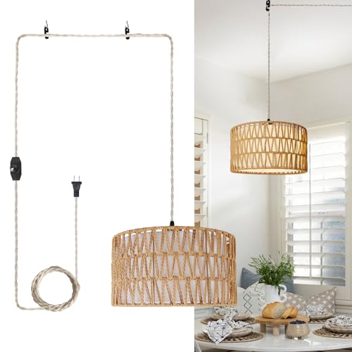 HuisMier Plug in Pendant Light Rattan Hanging Lamp 15 Ft Boho Hanging Lights with Rattan Woven & Fabric 2 in 1 Shade, Dimmable Plug in Pendant Light for Living Room Bedroom Dining Room - color: Beige and White