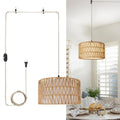 HuisMier Plug in Pendant Light Rattan Hanging Lamp 15 Ft Boho Hanging Lights with Rattan Woven & Fabric 2 in 1 Shade, Dimmable Plug in Pendant Light for Living Room Bedroom Dining Room - color: Beige and White