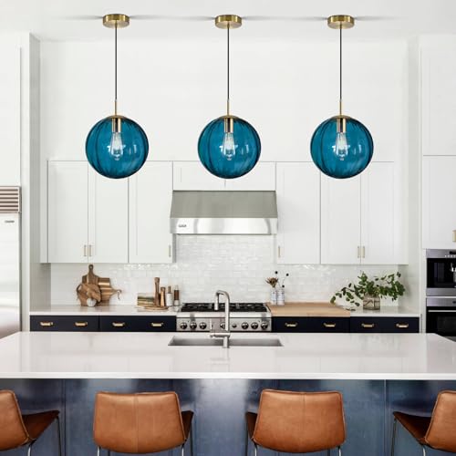 Modern Blue Glass Pendant Light, Kitchen Island Lighting 3-Pack Globe Pendant Light Fixtures Century Kitchen Island Pendant Lighting for Bedroom Living Dining Room Light Fixture (Without Bulb) - color: Blue-1 Light-3PC