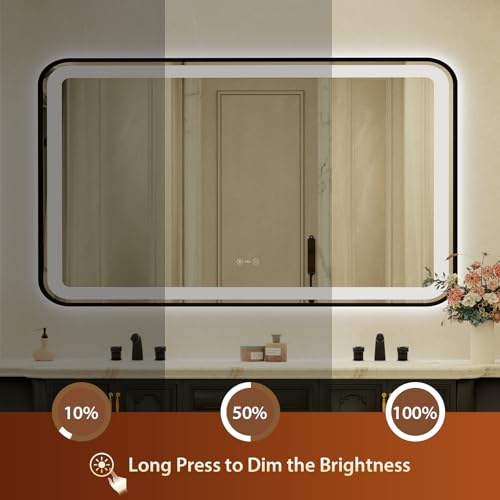 32x55 Inch Black Framed LED Bathroom Mirror with Lights,Smart Bathroom Mirror,Motion Sensor,Tempered Glass,Anti-Fog,Stepless Dimmable & 3 Colors,Memory,Vanity Mirror for Wall - color: Black-with Sensor Lights, size: 32"L x 55"W