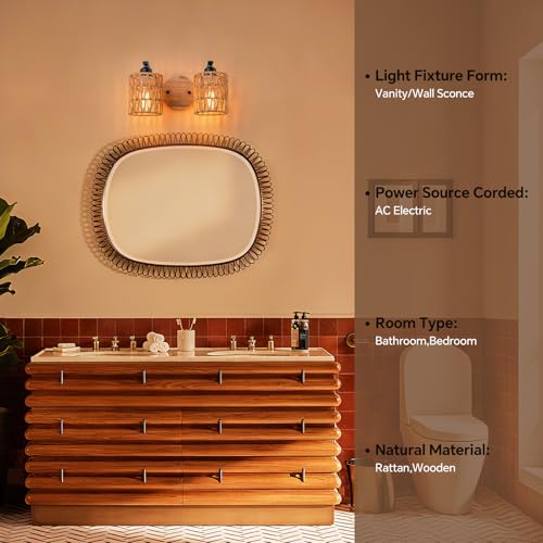 Bathroom Vanity Light Fixtures,2-Light Rattan Bathroom Lighting Fixtures Over Mirror,Farmhouse Wall Sconces Boho Woven Lampshade,Rustic Wall Mounted Wooden Base Wall Light for Bedroom Hallway Stairs - color: 2light-Cylinder shade
