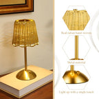Pickmesh 1 Pack Rattan Table Lamp Woven Boho Table Lamp with Gold Tone Base Wicker Night Light Cordless LED Desk Lamps for Living Room Bedroom Home Decor, 2600mah Battery Operated