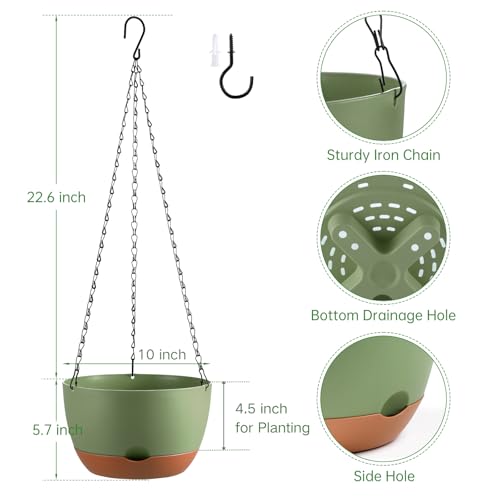 Set of 2 Hanging Planters for Indoor Outdoor Plants, 10 Inch Self-Watering Hanging Flower Pots with Drainage Hole & Removable Water-Storage Tray (Hooks) - color: Green, size: 10 Inch (M)