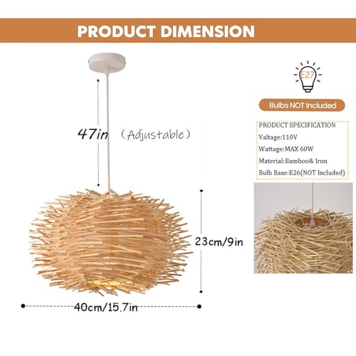 Tropical Island Beach Chandelier Creative Unique Weaving Pendant Lamp Bird's Nest Ceiling Hanging Light Hanging Lighting with Shape Rattan for Teahouse Dining Room in Beige - size: 40cm/15.8in