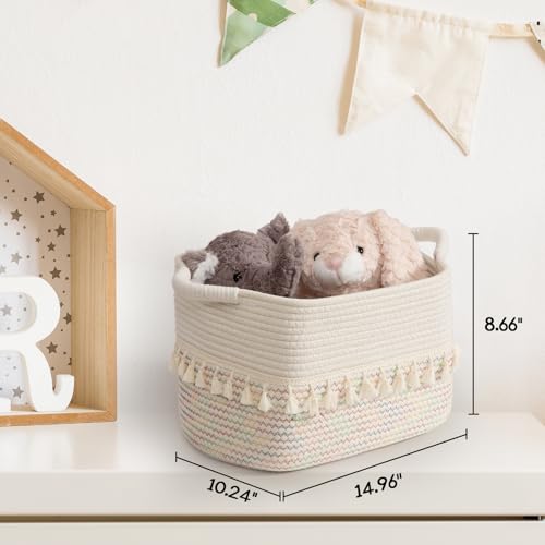 TeoKJ Woven Baskets for Storage, Set of 3 Cotton Rope Basket with Handle for Decor and Storage, Cute Baskets for Organizing in Classroom, Kitchen, Bathroom, White & Stitches Rainbow - color: Stitches Rainbow, size: 3 Pack