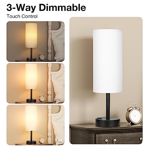 Dicoool Bedside Touch Table Lamps for Bedroom Nightstand with USB-C USB-A Charging Ports White, 3 Way Dimmable Small Lamp Fabric Shade Black Base for Office, Living Room, Dorm Room Reading - color: White-Black Metal, size: 14in