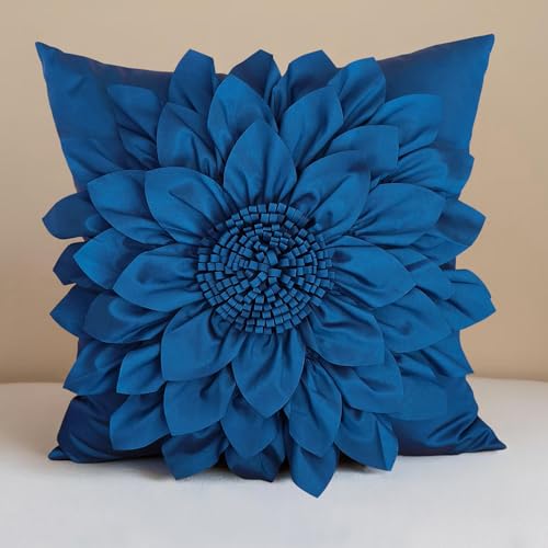 Bella's Giftshop Navy Blue Decorative Throw Pillow Covers 18x18 Inch for Bed Sofa Couch, Handmade 3D Accent Sunflower Floral Pillowcase, Living Room Decor - color: Navy Blue