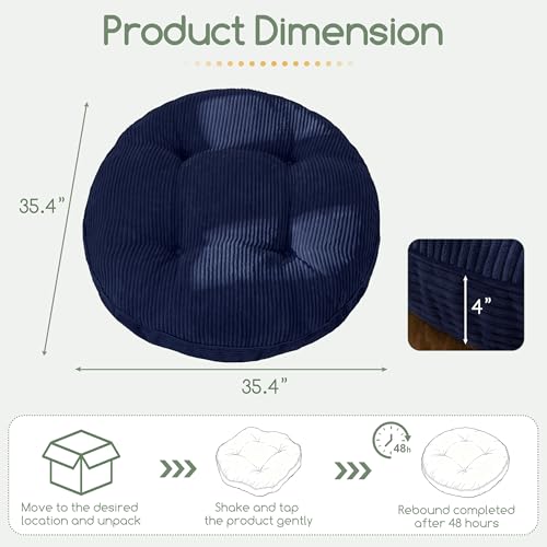 HIGOGOGO 35" Floor Pillow Cushion for Adults, Meditation Cushion Pillow, Extra Large Square Floor Sitting, Tufted Corduroy Cover for Tatami Living Room or Yoga, Navy - color: Navy, size: 4" Thick Round