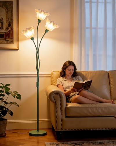 Flower Floor Lamp for Living Room, Modern Tree Floor Lamp with Adjustable Heads, 3 Light 3000K Soft Warmwhite Mid Century Standing Tall Lamp with 5Lbs Heavy Base for Bedroom Kids Room-Green - color: 3 Flower-Green Tree