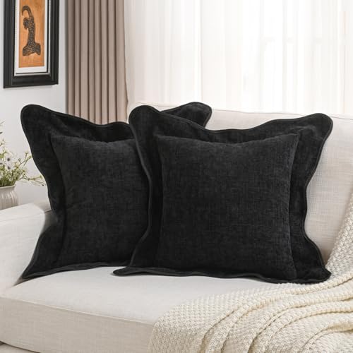 FUTEI Pack of 2 Solid Scalloped Bordered Throw Pillow Covers 22x22 Inch Soft Chenille Decorative Cushion Cases Farmhouse Accent for Couch Bed Living Room, Black - color: Black, size: 22" x 22" (Pack of 2)