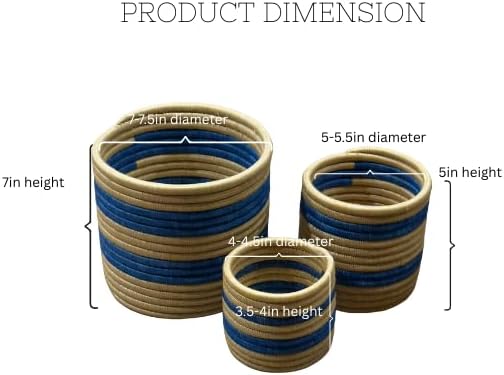 African Planter Baskets Sets of 3 Woven Sisal Baskets for Indoor Plant Pots Covers Home Decor Storage Organizer Gifts Zen Designs Arts and Crafts (Blue and Tan Stripe)