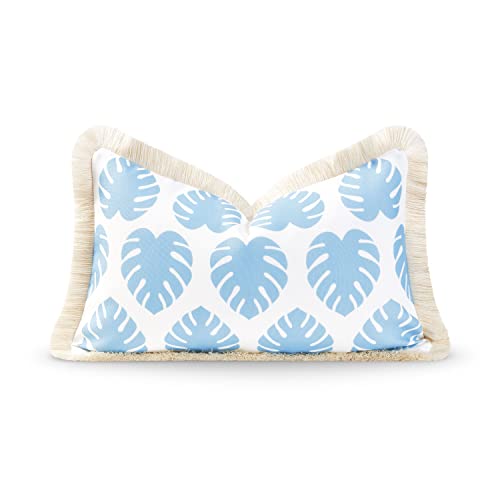 Hofdeco Premium Coastal Hampton Style Patio Indoor Outdoor Lumbar Pillow Cover Only, 12"x20" Water Resistant for Backyard, Couch, Baby Blue Monstera Leaf Fringe - color: Baby Blue Monstera Leaf, size: 12"x20" (Pack of 1)