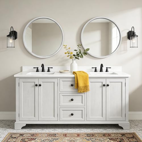 WallBeyond 28 Inch Round Wood Mirror, Large Circle Wooden Frame Wall Mirror for Bathroom, Living Room, Bedroom, Entryway (White) - color: White, size: 28"L x 28"W