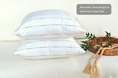 Minimalist Neutral Pillow Covers 18 x18 inches Cream White/Cotton Woven Striped Geometric Pattern Contemporary Cushion Covers/Simple Throw Pillow Cases for Living Room Sofa, Couch, Bed, Set of 2 - color: White, size: 18" x 18" (Pack of 2)