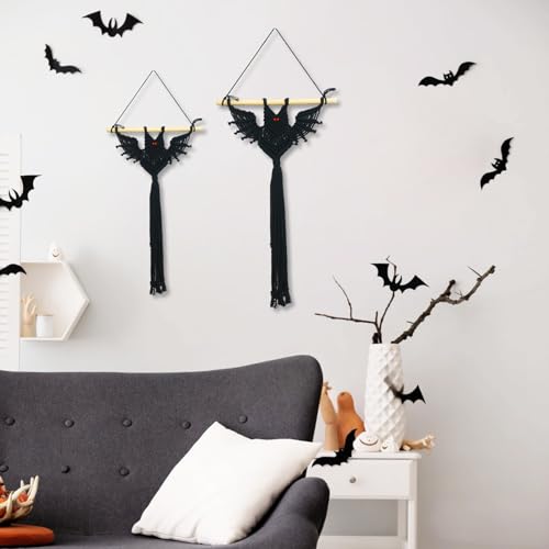 HVEST 2PCS Black Halloween Bat Macrame Wall Hanging Boho Decor Scary Black Bat, Gothic Handmade Woven Tapestry for Bedroom Spooky Halloween Decorations Macrame Wall Art for Living Room - color: Black Red