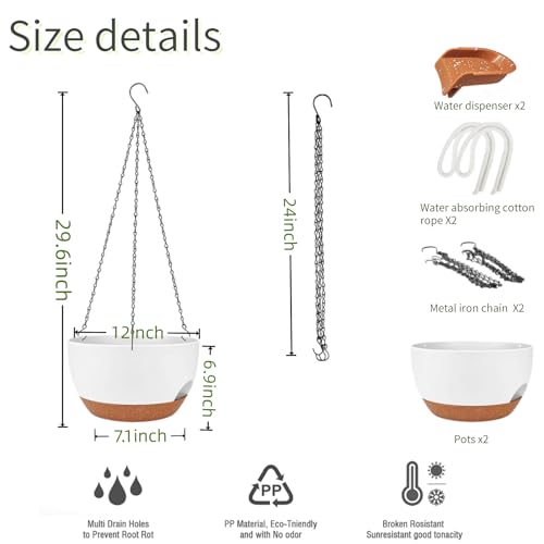12 Inch Self Watering Hanging Planters 2 Pack, Indoor Outdoor Hanging Pots for Plants with Drainage Holes & Saucers, White Brown Plastic Hanging Baskets for Kitchen Balcony Garden - color: White Brown