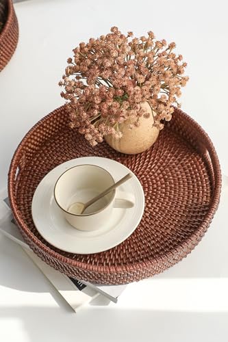 HITOMEN 11.8" Hand-Woven Round Rattan Serving Tray Decorative Wicker Trays with Handles for Coffee Table (Brown-M) - color: Brown, size: Medium (11.8 inches)