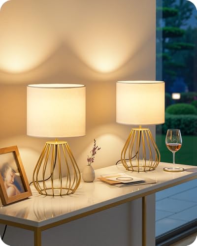 Gold Table Lamp Set of 2, Small Bedside Lamps Set of 2, 2700K LED Bulb Included, Gold Metal Base & White Linen Lampshade, Modern Nightstand Lamps for Bedroom, Living RoomDCW06TLP205 - color: 2Pack White + Gold