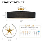 VILUXY Black and Gold Semi Flush Mount Ceiling Light Fixture, 24’’ Large Modern Ceiling Light with Linen Fabric Shade 5-Light Drum Ceiling Lamp for Bedroom Living Dining Room Enteyway - color: Black