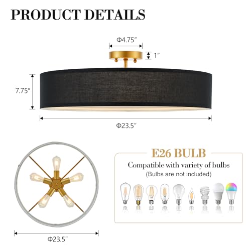VILUXY Black and Gold Semi Flush Mount Ceiling Light Fixture, 24’’ Large Modern Ceiling Light with Linen Fabric Shade 5-Light Drum Ceiling Lamp for Bedroom Living Dining Room Enteyway - color: Black