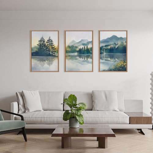 HPNIUB Large Green Mountain Framed Canvas Wall Art Set, Nature Foggy Forest Lake Reflection Wall Decor,Modern Pine Tree Artwork,Watercolor Landscape Art Print for Living Room,Bedroom,Office-24 x36 x3 - color: Nature Mountain Wall Art, size: 24"L x 36"W