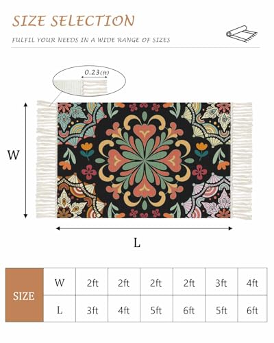 Black Boho Kitchen Runner Rug 2' x 4', Ethnic Country Colorful Abstract Floral Motifs Washable Rug with Tassels, Non Slip Woven Cotton Bathroom Rugs Hallway Carpet for Foyer Bedroom Entry Back Door - color: Multicolor Black, size: 2' x 4' (Rectangular)
