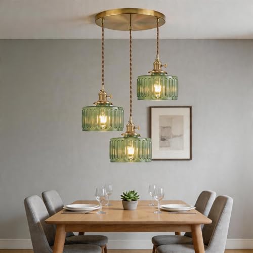 Green Striped Glass Pendant Light, 3 Natural Light Bulbs Included, Adjustable Cord with Switch, Suitable for Kitchen Island/Dining Room - color: Green 3pcs Ribbed Glass Pendant Light