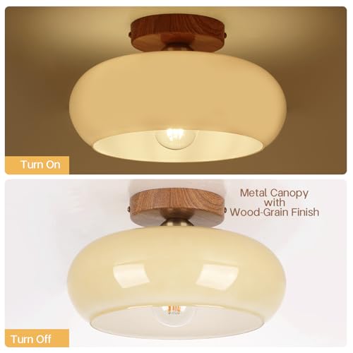 Mid Century Modern Schoolhouse Semi Flush Mount Ceiling Light, Cream Glass Lamp with Wood Grain Metal Base, Rustic Farmhouse Lighting Fixture for Bedroom, Hallway, Dining, Living, Entryway - color: Cream Milk A