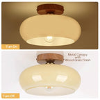 Mid Century Modern Schoolhouse Semi Flush Mount Ceiling Light, Cream Glass Lamp with Wood Grain Metal Base, Rustic Farmhouse Lighting Fixture for Bedroom, Hallway, Dining, Living, Entryway - color: Cream Milk A
