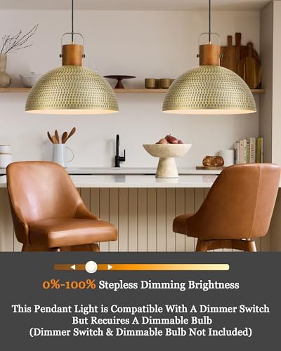 ELYONA 16 Inch Large Hammered Pendant Light Fixtures Ash Wood Vintage Dome Hanging Lamp Antique Gold Metal Kitchen Chandelier for Island, Farmhouse Dining Room Living Room Hallway Brushed Brass - color: Brass - 1 Pack