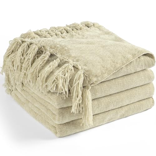 Chenille Throw Blanket for Couch 50"X 60", Soft Cozy Throws with Fringe Tassel for Bed Sofa Chair Cover, Lightweight Knitted Decorative Boho Blankets for Living Room, Light Beige - color: Light Beige, size: 50x60 inch