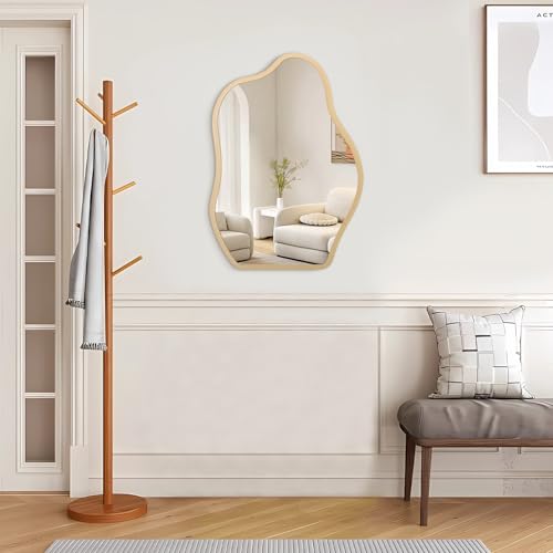 Irregular Mirror for Wall Gold Modern Asymmetrical Large Mirror Wooden Framed Hanging Wall Mirror Unique Shape Vanity Cloud Mirror Decor Decorative for Bedroom Bathroom Living Room Entryway - color: Bling Gold, size: 26"L x 18"W