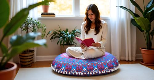 Round Mandala Floor Pillow Cover Seating Cushion Throw Cover Ottoman Pouf Cover Pom Pom Pillow Cases Hippie Decorative Bohemian Boho Indian 22 Inches (Purple Blue) - color: Purple Blue
