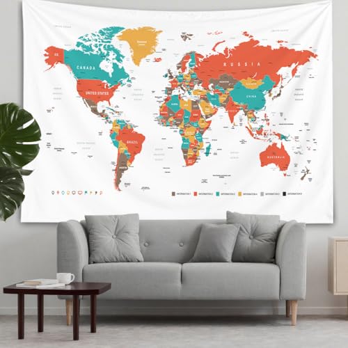 CAPSCEOLL College Wall Decor, Cute World Map Tapestry 60X50 Inches, Red Hanging Map Tapestry - color: White Orange, size: 60"L x 50"W