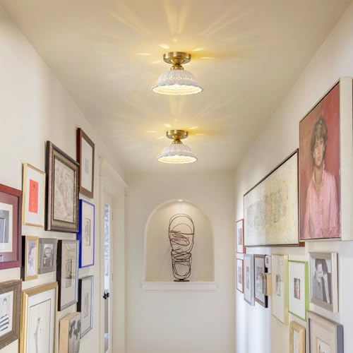 Vintage Ceramic Semi Flush Mount Ceiling Light - 2 Pack, Gold Hallway Light Fixture, Mid Century Small Close to Ceiling Lamp，Unique Flush Lighting Fixtures for Entryway Laundry Room Kitchen Cottage - color: Porous ceramics-Gold